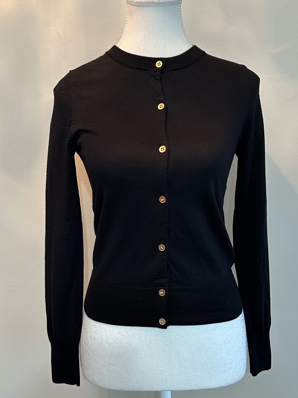J. Crew 100% Wool Black Crewneck Cardigan with Gold Buttons